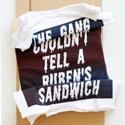 The Gang Who Couldn't Tell A Rubens From A Sandwich. 2016. timber and screen-printed T-shirt. 45cm x 25cm x 10cm.
