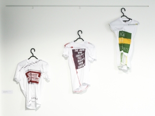 Installation shot at Kentish Town Health Centre, London. Wearwithal. 2016. fifteen screen-printed T-shirts. Size M.